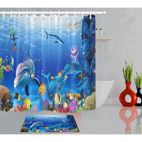 Blue Ocean Tropical Fish Coral Undersea World Shower Curtain Underwater Sea Animal Dolphin Shower Curtains for Bathroom Kid Gift