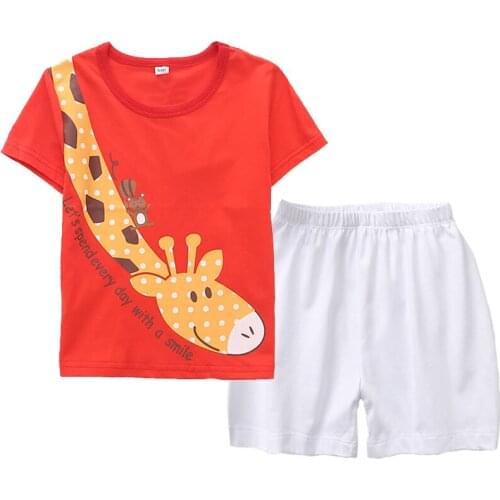 Boys O-Neck Short Sleeve Cartoon Print Giraffe Tops+White Shorts 2PCS Clothing Sets Casual 100% Cotton Summer Sets
