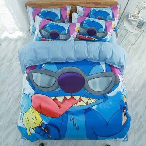 Disney Funny Cute Stilch Cartoon Comfortable Blue Duvet Bed Cover Pillowcase Bedding Children Bedroom Decoration Home Textile