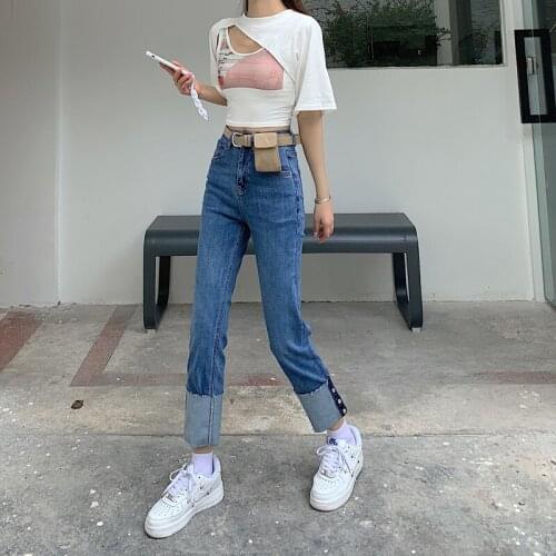 China created womens personalized fashion curling button design high waist jeans straight pants spot