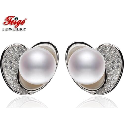 Exquisite Elegant 925 Sterling Silver Natural Cultured Pearl Stud Earrings for Women Anniversary Gift Cubic Zircon Earring FEIGE