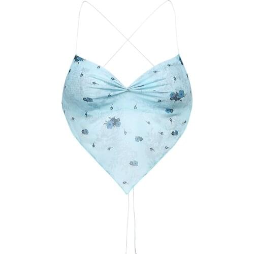 Womens Floral Tops, See Through Mesh V-neck Back Lace Up Sling Sleeveless for Female