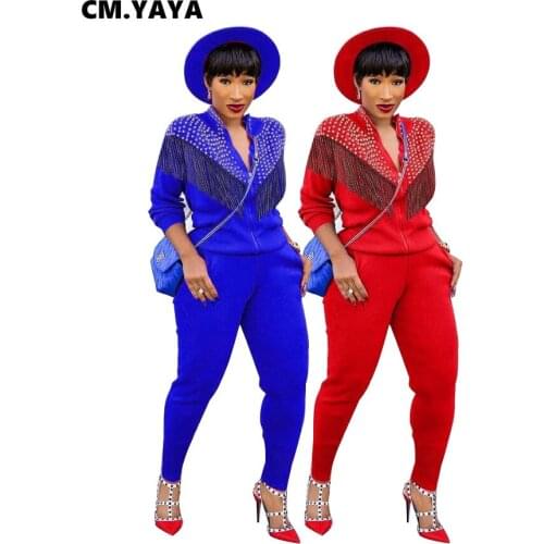 CM.YAYA Activewear Womens Set Tassel Beading Jackets Jogger Pants Matching Set Sport Tracksuit Fitness Two 2 Piece Set Outfit
