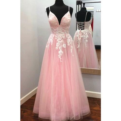 Long Tulle Appliques Prom Dresses 2021 V Neck Spaghetti Straps Lace-up Back Formal Evening Party Dress Robe De Soiree