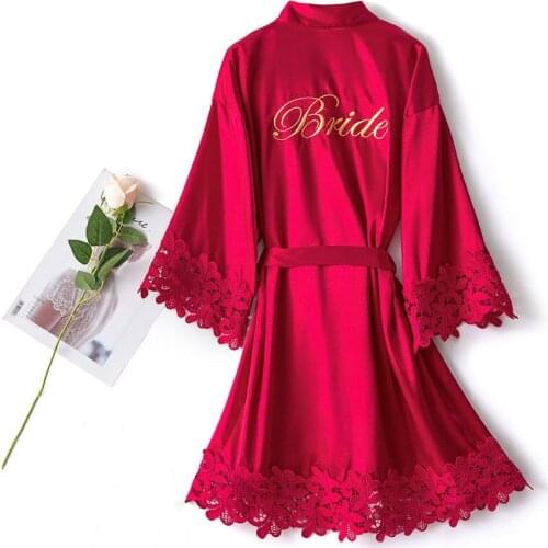 New Arrival Burgundy Woman Robe Faux Silk Bride Party Lace Embroidery letters Wedding Dressing Gown Sleepwear Bridesmaid Robes
