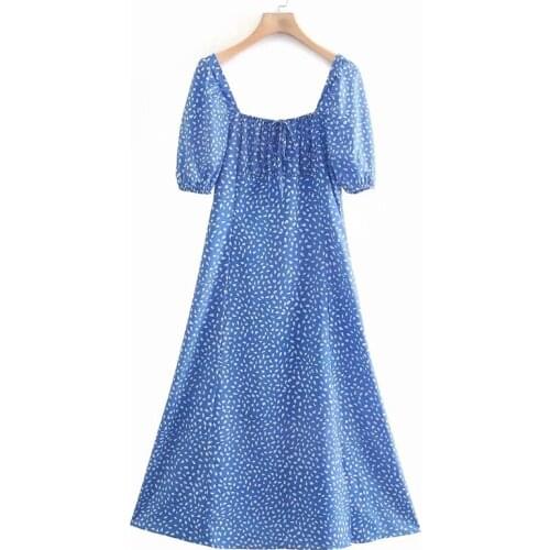 YENKYE Vintage Print Blue Long Dress Women Sexy Square Neck Puff Sleeve A-line Sweet Ladies Dress Summer Vestido