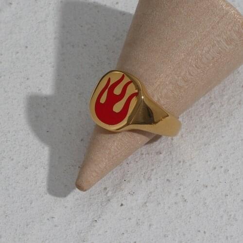 2021 New Street Style Hiphop Trendy Enamel Fire Pattern Gold Rings For Women Stainless Steel 18K Gold Plated Chunky Rings