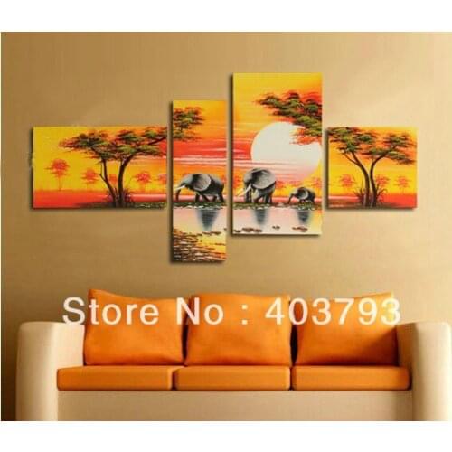 4panels pure hand painted oil paintings modern africa lucky elephant landscape Folk customs for decoration Free shipping
