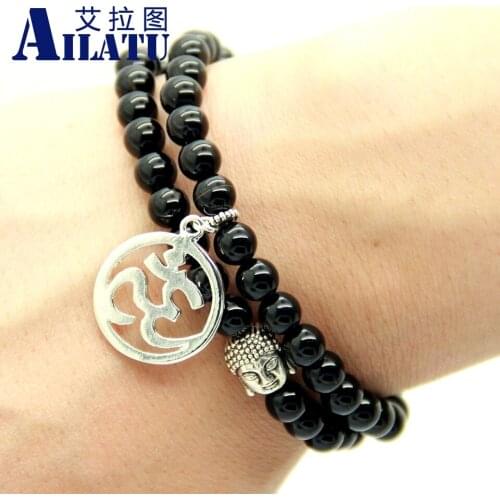 Ailatu Buddha and OM Jewelry Inspired Chakra Yoga Bracelet Wrap 6mm Black Beads Buddhist Prayer