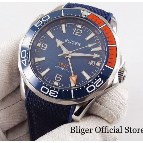 BLIGER Brand Sapphire Glass Blue Dial GMT Hand Ceramic Bezel Rubber Strap Self Winding Men Watch