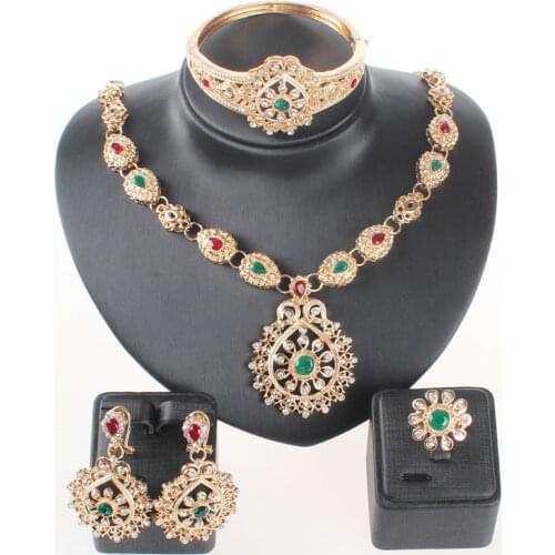 Classic Jewelry Sets For Women Necklace Earrings Bangle Ring Set Gold Color Green Crystal Bridal Wedding Dress Accessories