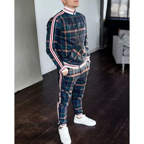 Men Tracksuit Mens Sets Two-piece Striped Lattice Suit Zipper Jacket+Fashion Small Trouser High Quality Slim Classic Sportswear
