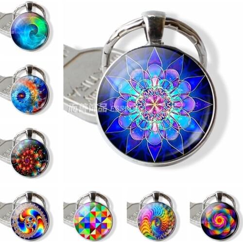 Fashion Mandala Keyring Flower Mandala Yoga Symbol Glass Cabochon Jewelry Pendant Keychain Creative Religion Key Ring Gift