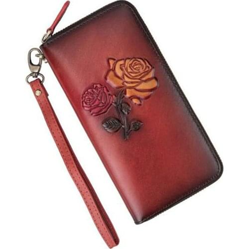 Genuine Embossed Leather Wrist Money Bags Female ID Credit Cards Clips Cash Flower Women Clutch Wallet Zipper Bag Long Purse