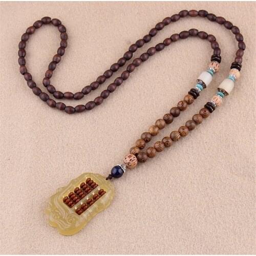 Trendy Ethnic Nepal Wenge Wood Beads Necklaces Natural Stone Gourd Abacus Pendant Long Sweater Necklace For Women Men Jewelry