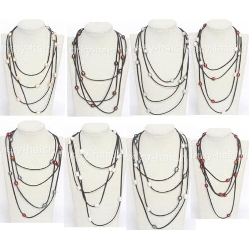 Long 86" 13mm Baroque gray black wine red coffee pink freshwater pearls Black leather necklace j10590