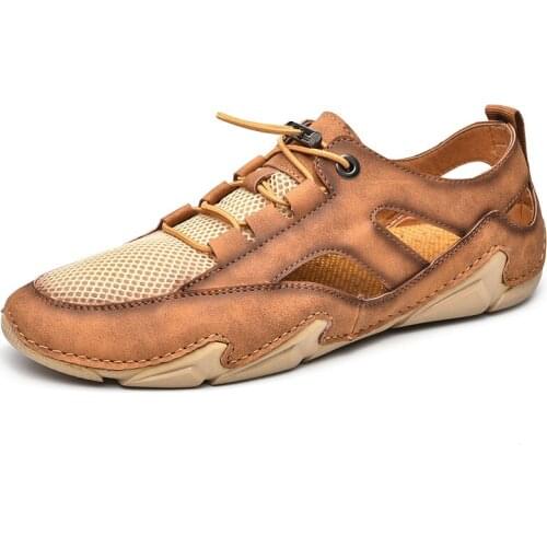 Summer Men Sandals High-Quality Mesh Breathable Roman Sandals Fashion Outdoor Soft Handmade Comfortable Flat Sandals Big Size