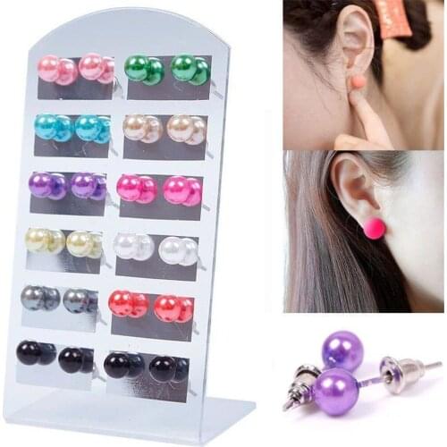 12Pair/Set Colorful Pearl Earring 6mm With Display Stand For Women Jewelry Bijoux Brincos Pendientes Mujer Fashion Stud Earrings