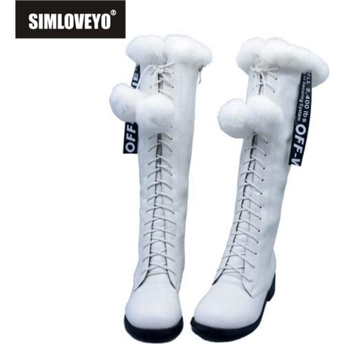 SIMLOVEYO 2021 Princess Ladies Knee High Boots Fur Ball Lolita Zip Lace Up Short Plush Round Toe Square Heel US13 White A4503