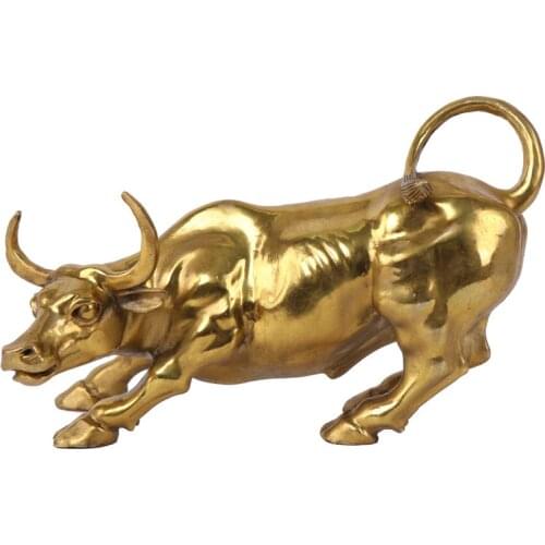 Golden Brass Charging Stock Market Bull Figurine Wall Street Bull Ox Statue Feng Shui Scuplture Home Office Decor X3879