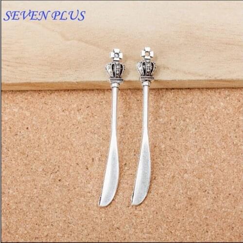 High Quality 10 Pieces/Lot 6mm*60mm Antique Silver Plated Dinner Service Cutlery Tableware Knives Charms