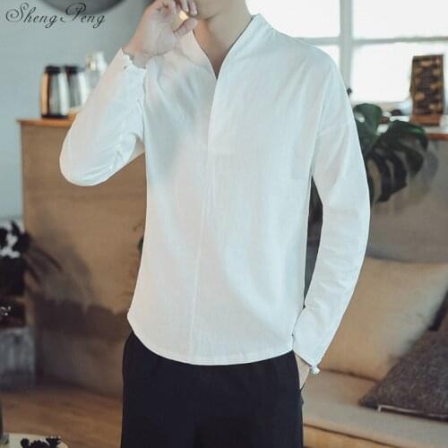 Traditional Chinese Clothing for Men Tops Blouse Tang Suit China Fashion Style Button Casual Long Sleeve Solid Mens Shirt V1787