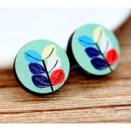 Unique 3D Leaf Embossed 16mm Round Coloured Drawing pattern Laser Cut wood Cabochon DIY for Rings, Earring,Brooch,Necklace