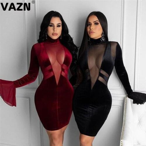 VAZN Top Quality 2021 Turtleneck Party Cocktail Short Dress Women Elegant Fashion Dress Slim Dress Club Birthday Shinny Dress
