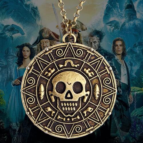 Vintage Gold Bronze Pendant Jewelry Wholesale Pirates Of The Caribbean Necklace Jack Sparrow Aztec Coin Medallion Johnny Depp