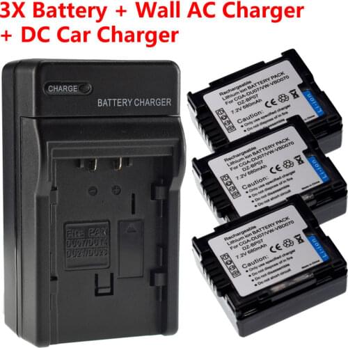3X CGA-DU07 Battery + Wall&Car Charger for HITACHI ZBP14S DZ-BPO7PW HS300A BP7S BP7SJ BP7SW BP07P BP07S GX5060E BD70E GX5100E MV