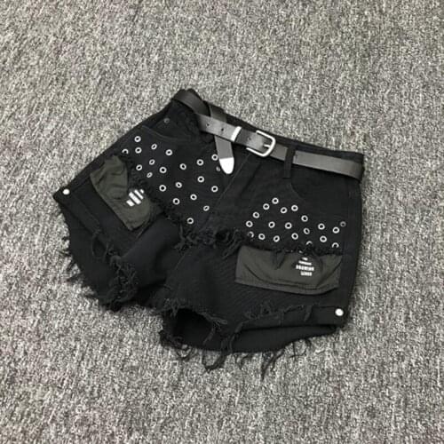 Tassel with pockets beading denim shorts female high waist hollow cut hole denim shorts punk street style hot shorts wq1629