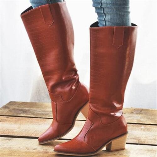 Large size 2020 Newest Brand women knee high boots pointed toe slip on European Style high heels shoes fashion long boots female