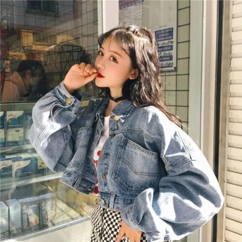 Womens Blue Short Korean Jean Jackets 2021 Autumn Harajuku Solid Loose Denim Coats Fashion All Match Casual Lady Chic Small Coat