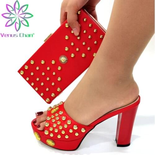 Special New Design 10.3cm Slippers Pu Shoes and Bag to Match in Red Color High Quality Nigerian Women Pumps for Wedding Party