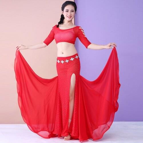 Sexy Sequins Belly Oriental Costume Set For Belly Dancing For Women Indian Eastern Belly Dance Clothes Tops Skirt 2 Pcs DWY3052