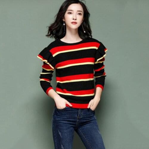 2020 Autumn Runway Red Black Striped Ruffled Sleeve Knitted Sweater Women Pullover Brand Designer Christmas Top Luxury Jumpers