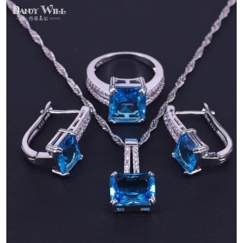 Square Sky blue Cubic Zircon Bridal Jewelry Sets Women Silver Color Jewelry With Stone Earrings Ring Necklace Set