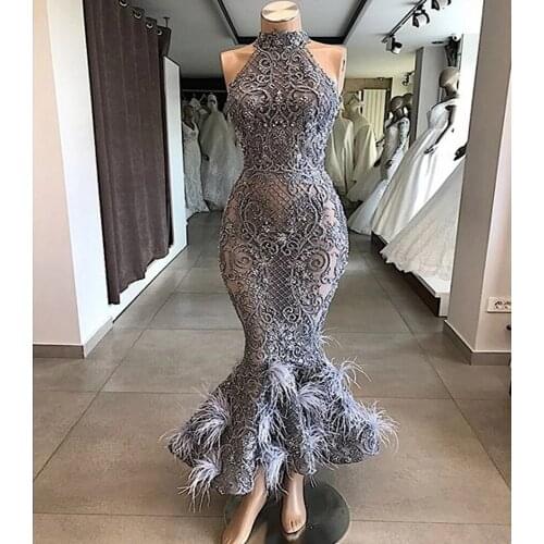 Tea Length Grey Lace High Neck Mermaid Party Prom Dress 2020 with Ostrich Feather Vestido De Festa Longo Evening Dress
