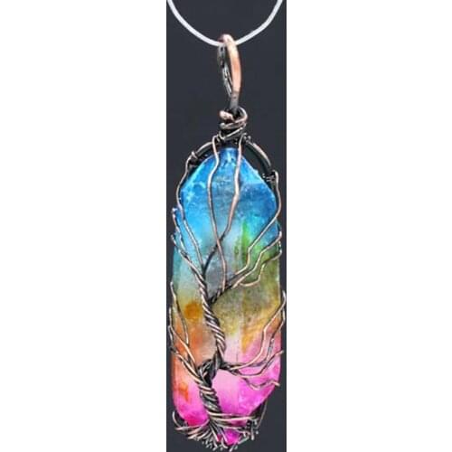 100-Unique 1 Pcs Copper Plated Wire Wrap Irregular Shape Crystal Dyed Colorful Pendant Ethnic Style Jewelry