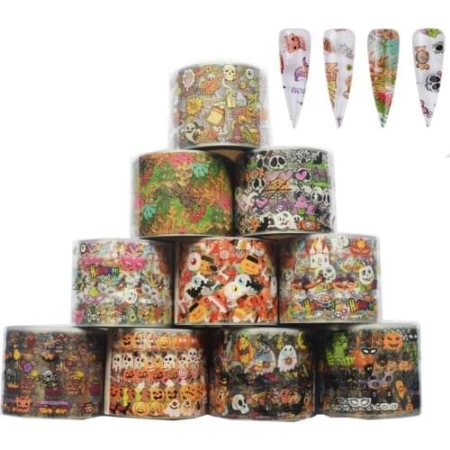10Roll Halloween Bat Witch Sticker Foil 50m*4cm Nail Art Water Transfer Slider Decals for Nail Sticker Pumpkin 3D Tip Decoration