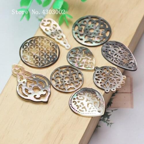 10pcs/lot Natural Hollow Cut Black Mother of pearl shell Hollow Drop cut Flower mother pearl shell for DIY Earrings Jewelry