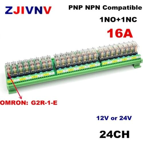 24 Channels 1NO+ 1NC, 1 SPDT DIN Rail Mount Interface Relay Module with OMRON G2R-1-E 16A INPUT DC 12V 24V PNP NPN compatible