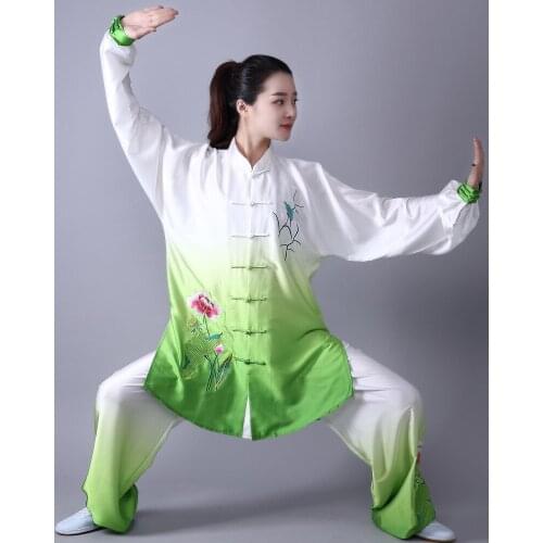 3PC Women Traditional Chinese Embroider Flower Long Sleeve Wushu TaiChi KungFu Uniform Suit Uniforms Tai Chi Exercise Clothing