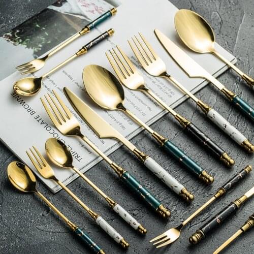 5/PCS Nordic Stainless Steel Western Dinnerware Set Household Ceramic Handle Knife Fork And Spoon Set Dessert Serving Spoon