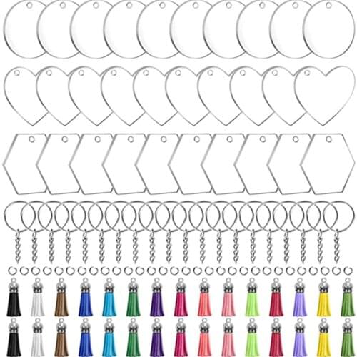 Acrylic Blanks Keychains Tassels Set Clear Circle Heart Hexagon Blanks With Jump Rings For Vinyl Crafting DIY Jewelry Keyrings