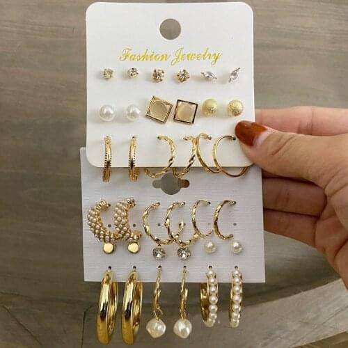 Trendy Gold Color Metal Earrings Set For Women Fashion Pearls Geometric Circle Drop Earrings 2021 Earrings Sets Jewelry Wedding