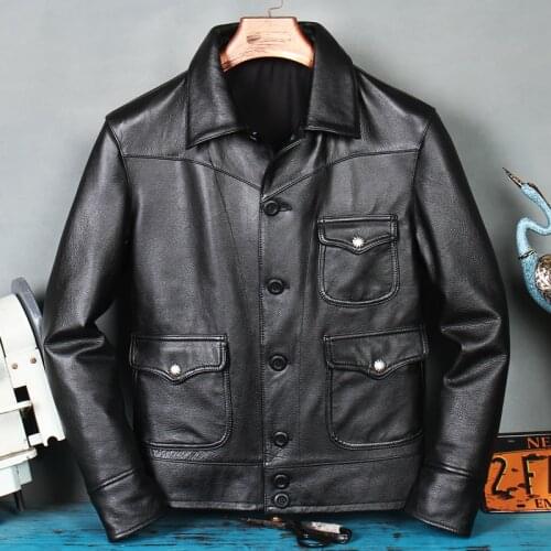 Free shipping.Outlet black genuine leather jacket.men black slim cow leather coat.father gift.leather clothes