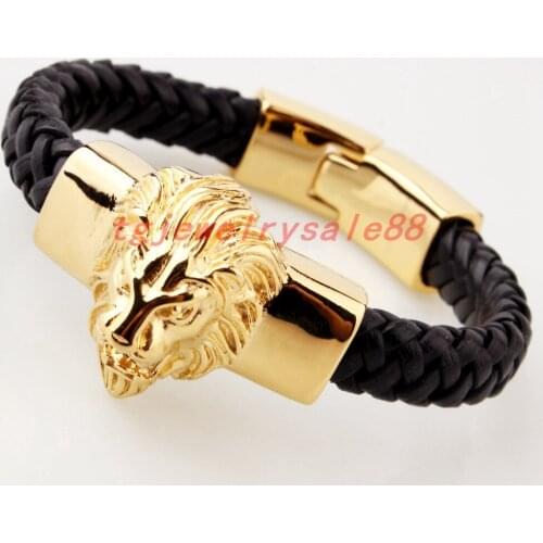 Hot Sale Genuine Black Leather 15mm Wide Gold Stainless Steel Lion Head Biker Mens Magnetic Clasps Bracelet 8.66"