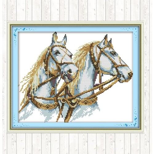 Two Horses DMC Cotton Thread Printed Canvas Cross Stitch Embroidery Kit 14CT 11CT Counted Stamped DIY Needlework Crafts Handmade