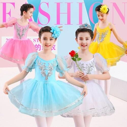 New childrens ballet skirt white fluffy gauze skirt little swan costume girl puff sleeve sequin dance costume